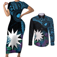 Blue Nauru Couples Matching Short Sleeve Bodycon Dress and Long Sleeve Button Shirt Naoero Map With Polynesian Tropical Flowers LT14 Blue - Polynesian Pride