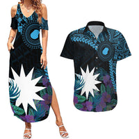 Blue Nauru Couples Matching Summer Maxi Dress and Hawaiian Shirt Naoero Map With Polynesian Tropical Flowers LT14 Blue - Polynesian Pride