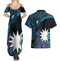 Blue Nauru Couples Matching Summer Maxi Dress and Hawaiian Shirt Naoero Map With Polynesian Tropical Flowers LT14 - Polynesian Pride