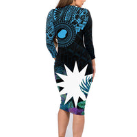 Blue Nauru Family Matching Long Sleeve Bodycon Dress and Hawaiian Shirt Naoero Map With Polynesian Tropical Flowers LT14 - Polynesian Pride