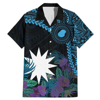 Blue Nauru Family Matching Mermaid Dress and Hawaiian Shirt Naoero Map With Polynesian Tropical Flowers LT14 Dad's Shirt - Short Sleeve Blue - Polynesian Pride