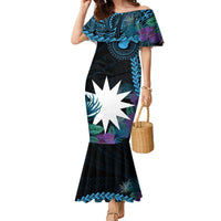 Blue Nauru Family Matching Mermaid Dress and Hawaiian Shirt Naoero Map With Polynesian Tropical Flowers LT14 Mom's Dress Blue - Polynesian Pride