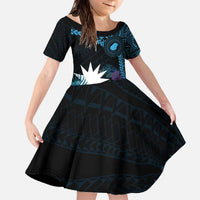 Blue Nauru Family Matching Off The Shoulder Long Sleeve Dress and Hawaiian Shirt Naoero Map With Polynesian Tropical Flowers LT14 Daughter's Dress Blue - Polynesian Pride