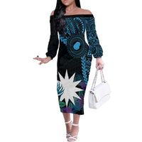 Blue Nauru Family Matching Off The Shoulder Long Sleeve Dress and Hawaiian Shirt Naoero Map With Polynesian Tropical Flowers LT14 Mom's Dress Blue - Polynesian Pride