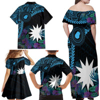 Blue Nauru Family Matching Off Shoulder Maxi Dress and Hawaiian Shirt Naoero Map With Polynesian Tropical Flowers LT14 - Polynesian Pride