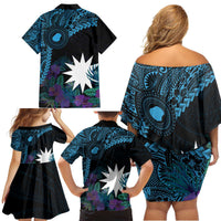 Blue Nauru Family Matching Off Shoulder Short Dress and Hawaiian Shirt Naoero Map With Polynesian Tropical Flowers LT14 - Polynesian Pride