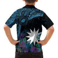 Blue Nauru Family Matching Puletasi and Hawaiian Shirt Naoero Map With Polynesian Tropical Flowers LT14 - Polynesian Pride