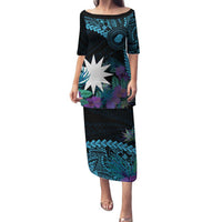 Blue Nauru Family Matching Puletasi and Hawaiian Shirt Naoero Map With Polynesian Tropical Flowers LT14 Mom's Dress Blue - Polynesian Pride