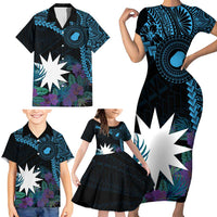 Blue Nauru Family Matching Short Sleeve Bodycon Dress and Hawaiian Shirt Naoero Map With Polynesian Tropical Flowers LT14 - Polynesian Pride