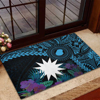 Blue Nauru Rubber Doormat Naoero Map With Polynesian Tropical Flowers LT14 - Polynesian Pride