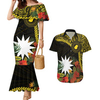 Gold Nauru Couples Matching Mermaid Dress and Hawaiian Shirt Naoero Map With Polynesian Tropical Flowers LT14 Gold - Polynesian Pride