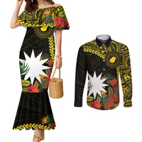 Gold Nauru Couples Matching Mermaid Dress and Long Sleeve Button Shirt Naoero Map With Polynesian Tropical Flowers LT14 Gold - Polynesian Pride
