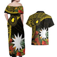 Gold Nauru Couples Matching Off Shoulder Maxi Dress and Hawaiian Shirt Naoero Map With Polynesian Tropical Flowers LT14 - Polynesian Pride