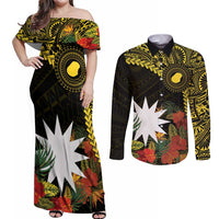Gold Nauru Couples Matching Off Shoulder Maxi Dress and Long Sleeve Button Shirt Naoero Map With Polynesian Tropical Flowers LT14 Gold - Polynesian Pride