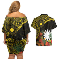 Gold Nauru Couples Matching Off Shoulder Short Dress and Hawaiian Shirt Naoero Map With Polynesian Tropical Flowers LT14 - Polynesian Pride