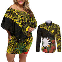 Gold Nauru Couples Matching Off Shoulder Short Dress and Long Sleeve Button Shirt Naoero Map With Polynesian Tropical Flowers LT14 Gold - Polynesian Pride