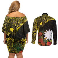 Gold Nauru Couples Matching Off Shoulder Short Dress and Long Sleeve Button Shirt Naoero Map With Polynesian Tropical Flowers LT14 - Polynesian Pride