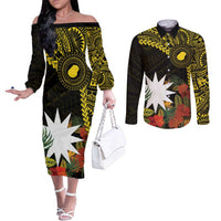 Gold Nauru Couples Matching Off The Shoulder Long Sleeve Dress and Long Sleeve Button Shirt Naoero Map With Polynesian Tropical Flowers LT14 Gold - Polynesian Pride