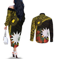 Gold Nauru Couples Matching Off The Shoulder Long Sleeve Dress and Long Sleeve Button Shirt Naoero Map With Polynesian Tropical Flowers LT14 - Polynesian Pride
