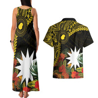 Gold Nauru Couples Matching Tank Maxi Dress and Hawaiian Shirt Naoero Map With Polynesian Tropical Flowers LT14 - Polynesian Pride