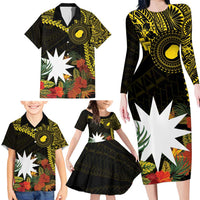 Gold Nauru Family Matching Long Sleeve Bodycon Dress and Hawaiian Shirt Naoero Map With Polynesian Tropical Flowers LT14 - Polynesian Pride