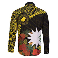 Gold Nauru Family Matching Long Sleeve Bodycon Dress and Hawaiian Shirt Naoero Map With Polynesian Tropical Flowers LT14 - Polynesian Pride