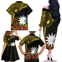 Gold Nauru Family Matching Off The Shoulder Long Sleeve Dress and Hawaiian Shirt Naoero Map With Polynesian Tropical Flowers LT14 - Polynesian Pride