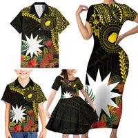 Gold Nauru Family Matching Short Sleeve Bodycon Dress and Hawaiian Shirt Naoero Map With Polynesian Tropical Flowers LT14 - Polynesian Pride