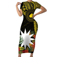 Gold Nauru Family Matching Short Sleeve Bodycon Dress and Hawaiian Shirt Naoero Map With Polynesian Tropical Flowers LT14 Mom's Dress Gold - Polynesian Pride