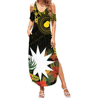 Gold Nauru Family Matching Summer Maxi Dress and Hawaiian Shirt Naoero Map With Polynesian Tropical Flowers LT14 Mom's Dress Gold - Polynesian Pride
