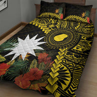 Gold Nauru Quilt Bed Set Naoero Map With Polynesian Tropical Flowers LT14 - Polynesian Pride