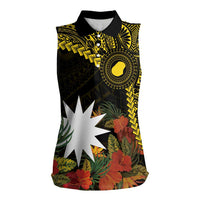 Gold Nauru Women Sleeveless Polo Shirt Naoero Map With Polynesian Tropical Flowers LT14 Female Gold - Polynesian Pride
