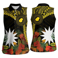 Gold Nauru Women Sleeveless Polo Shirt Naoero Map With Polynesian Tropical Flowers LT14 - Polynesian Pride