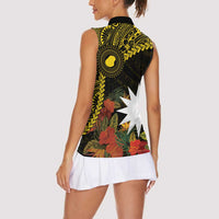 Gold Nauru Women Sleeveless Polo Shirt Naoero Map With Polynesian Tropical Flowers LT14 - Polynesian Pride