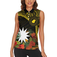 Gold Nauru Women Sleeveless Polo Shirt Naoero Map With Polynesian Tropical Flowers LT14 - Polynesian Pride