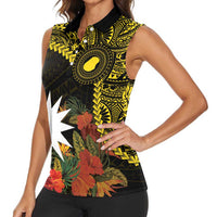 Gold Nauru Women Sleeveless Polo Shirt Naoero Map With Polynesian Tropical Flowers LT14 - Polynesian Pride