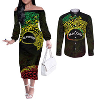 Personalised Nukuoro Atoll Couples Matching Off The Shoulder Long Sleeve Dress and Long Sleeve Button Shirt Polynesian Tattoo Curves Reggae Version LT14 Reggae - Polynesian Pride
