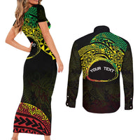 Personalised Nukuoro Atoll Couples Matching Short Sleeve Bodycon Dress and Long Sleeve Button Shirt Polynesian Tattoo Curves Reggae Version LT14 - Polynesian Pride