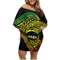 Personalised Nukuoro Atoll Family Matching Off Shoulder Short Dress and Hawaiian Shirt Polynesian Tattoo Curves Reggae Version LT14 Mom's Dress Reggae - Polynesian Pride
