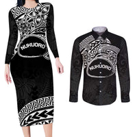 Personalised Pohnpei Nukuoro Micronesia Couples Matching Long Sleeve Bodycon Dress and Long Sleeve Button Shirt Polynesian Tattoo Curves Black Version LT14 Black - Polynesian Pride
