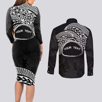 Personalised Pohnpei Nukuoro Micronesia Couples Matching Long Sleeve Bodycon Dress and Long Sleeve Button Shirt Polynesian Tattoo Curves Black Version LT14 - Polynesian Pride