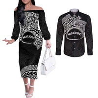 Personalised Pohnpei Nukuoro Micronesia Couples Matching Off The Shoulder Long Sleeve Dress and Long Sleeve Button Shirt Polynesian Tattoo Curves Black Version LT14 Black - Polynesian Pride