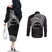 Personalised Pohnpei Nukuoro Micronesia Couples Matching Off The Shoulder Long Sleeve Dress and Long Sleeve Button Shirt Polynesian Tattoo Curves Black Version LT14 - Polynesian Pride