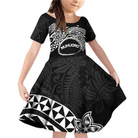 Personalised Pohnpei Nukuoro Micronesia Family Matching Off Shoulder Short Dress and Hawaiian Shirt Polynesian Tattoo Curves Black Version LT14 Daughter's Dress Black - Polynesian Pride