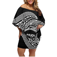 Personalised Pohnpei Nukuoro Micronesia Family Matching Off Shoulder Short Dress and Hawaiian Shirt Polynesian Tattoo Curves Black Version LT14 Mom's Dress Black - Polynesian Pride