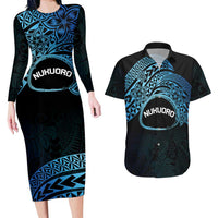 Personalised Pohnpei Nukuoro Micronesia Couples Matching Long Sleeve Bodycon Dress and Hawaiian Shirt Polynesian Tattoo Curves Blue Version LT14 Blue - Polynesian Pride