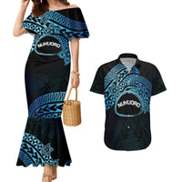 Personalised Pohnpei Nukuoro Micronesia Couples Matching Mermaid Dress and Hawaiian Shirt Polynesian Tattoo Curves Blue Version LT14 Blue - Polynesian Pride