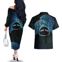 Personalised Pohnpei Nukuoro Micronesia Couples Matching Off The Shoulder Long Sleeve Dress and Hawaiian Shirt Polynesian Tattoo Curves Blue Version LT14 - Polynesian Pride