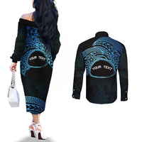 Personalised Pohnpei Nukuoro Micronesia Couples Matching Off The Shoulder Long Sleeve Dress and Long Sleeve Button Shirt Polynesian Tattoo Curves Blue Version LT14 - Polynesian Pride