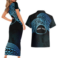 Personalised Pohnpei Nukuoro Micronesia Couples Matching Short Sleeve Bodycon Dress and Hawaiian Shirt Polynesian Tattoo Curves Blue Version LT14 - Polynesian Pride